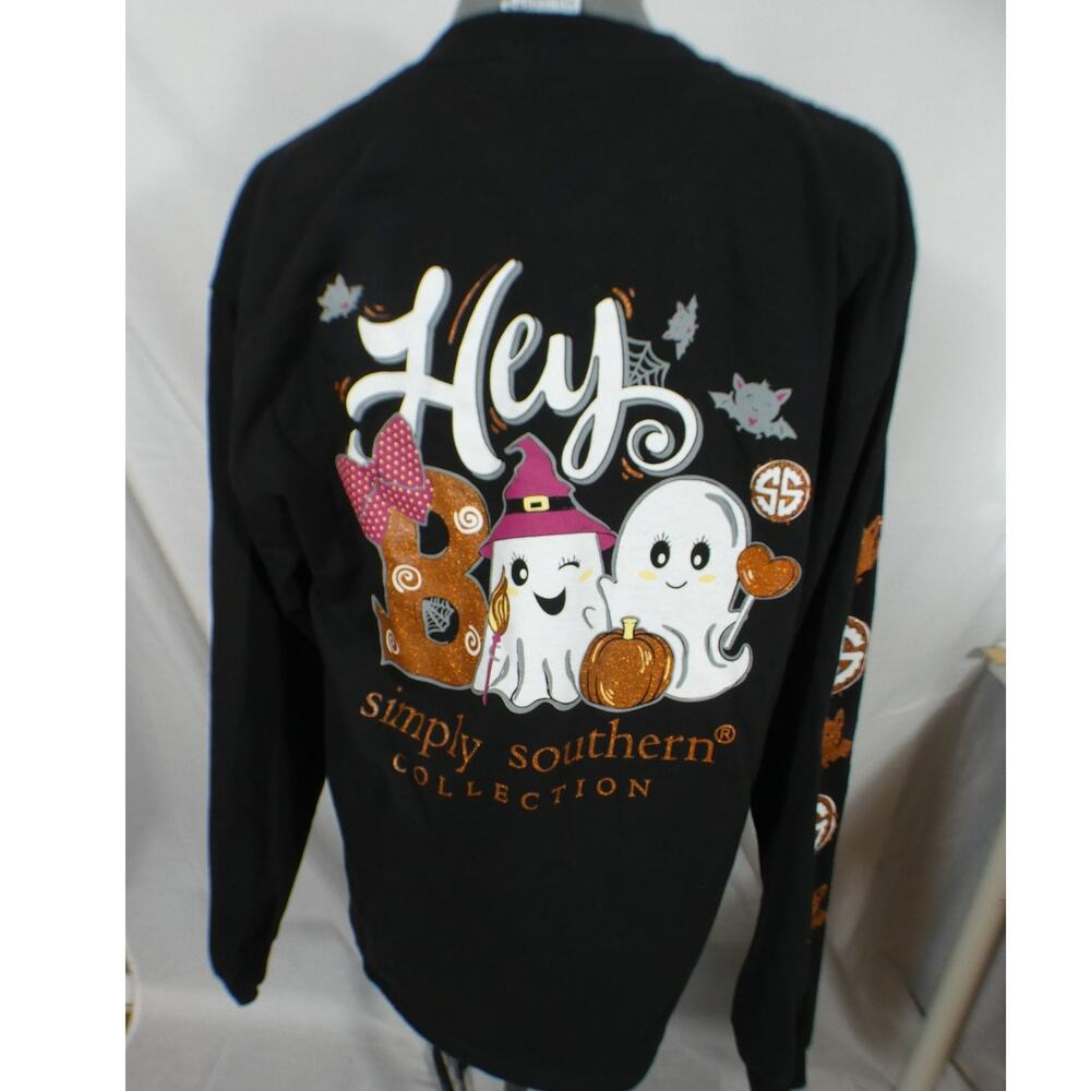 Simply Southern Women's Large Black Long Sleeved Halloween "Hey Boo" T-Shirt